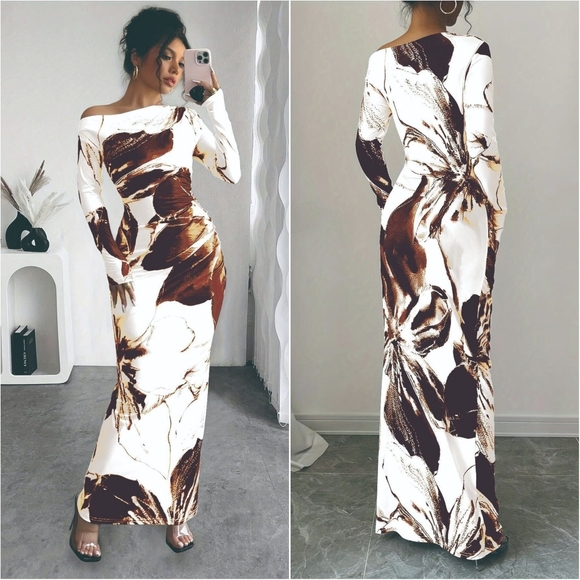 Harmony In Nature Dresses & Skirts - Harmony In Nature One-Shoulder White and Brown Marble Maxi Dress